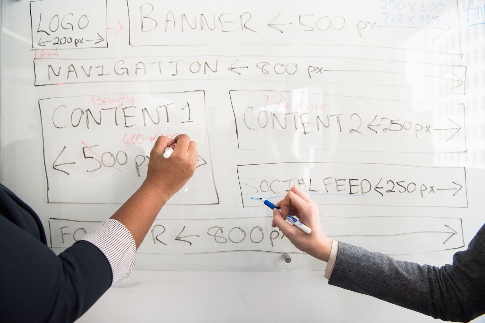 two people working on website framework on whiteboard